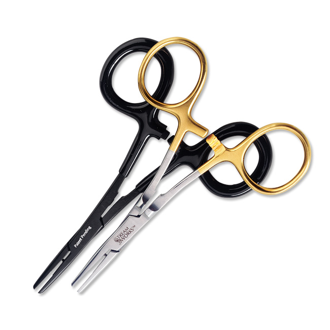 Better leverage and more mass beneath these fly-fishing forcep's hinge makes it easier to debarb hooks. Half serrated jaws for grip. 5" long with three-position lock. Stainless steel fly-fishing tool features special jaws that crimp split shot. Fly-fishing forceps available in silver, non-glare black. Non-glare black has plastic-coated handle