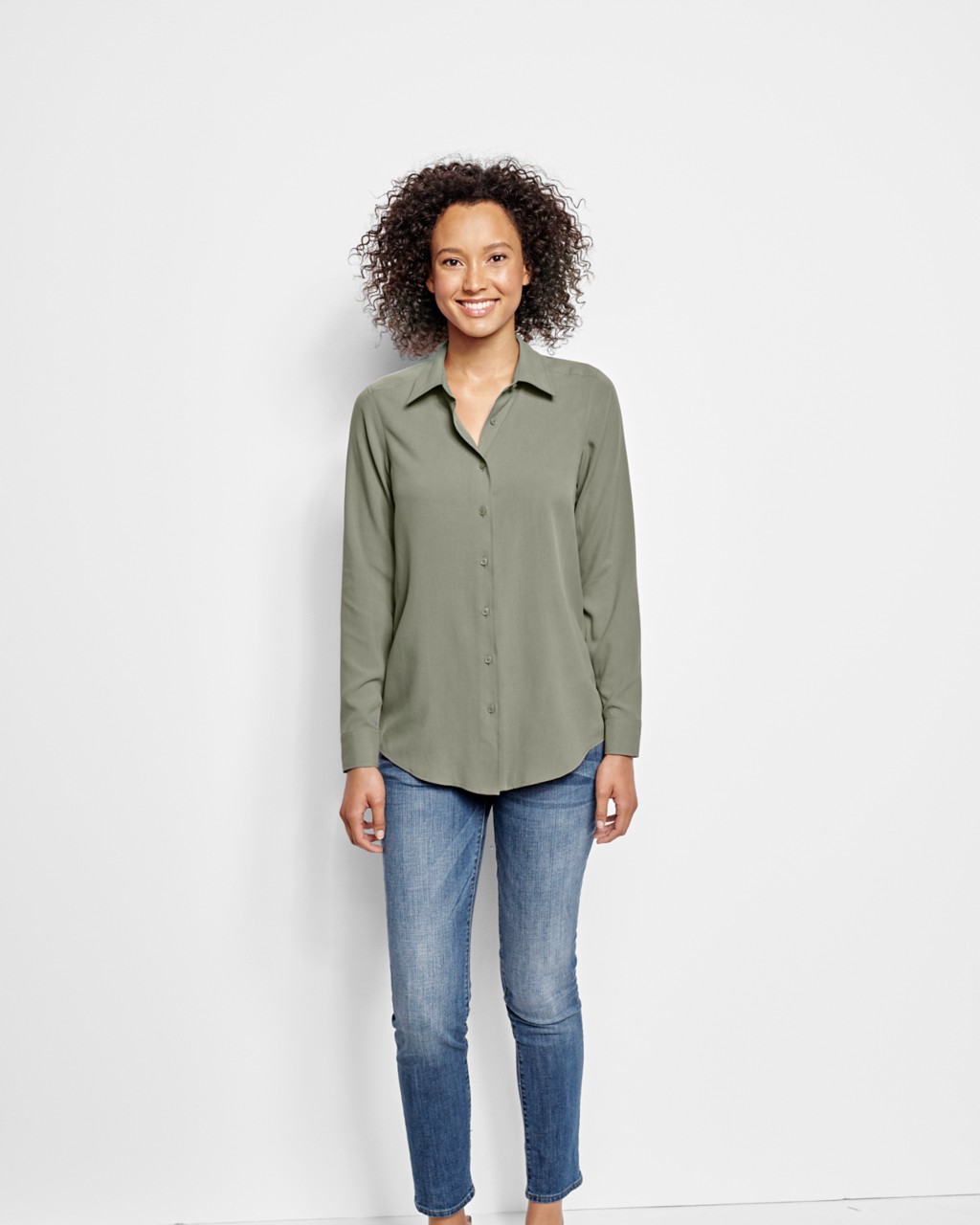 Image of Long-sleeved Everyday Silk Shirt, Juniper, Small
